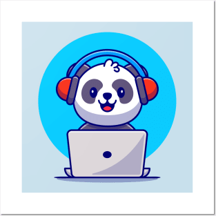 Cute Panda Listening Music With Headphone And Laptop Cartoon Posters and Art